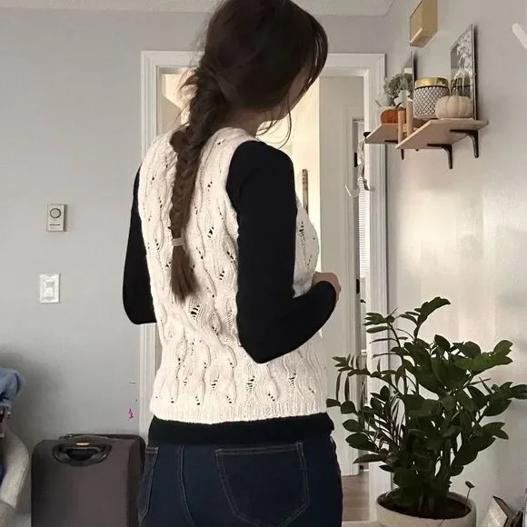 Hand Knit Cotton Sweater Vest White Cream - Picture 2 of 3